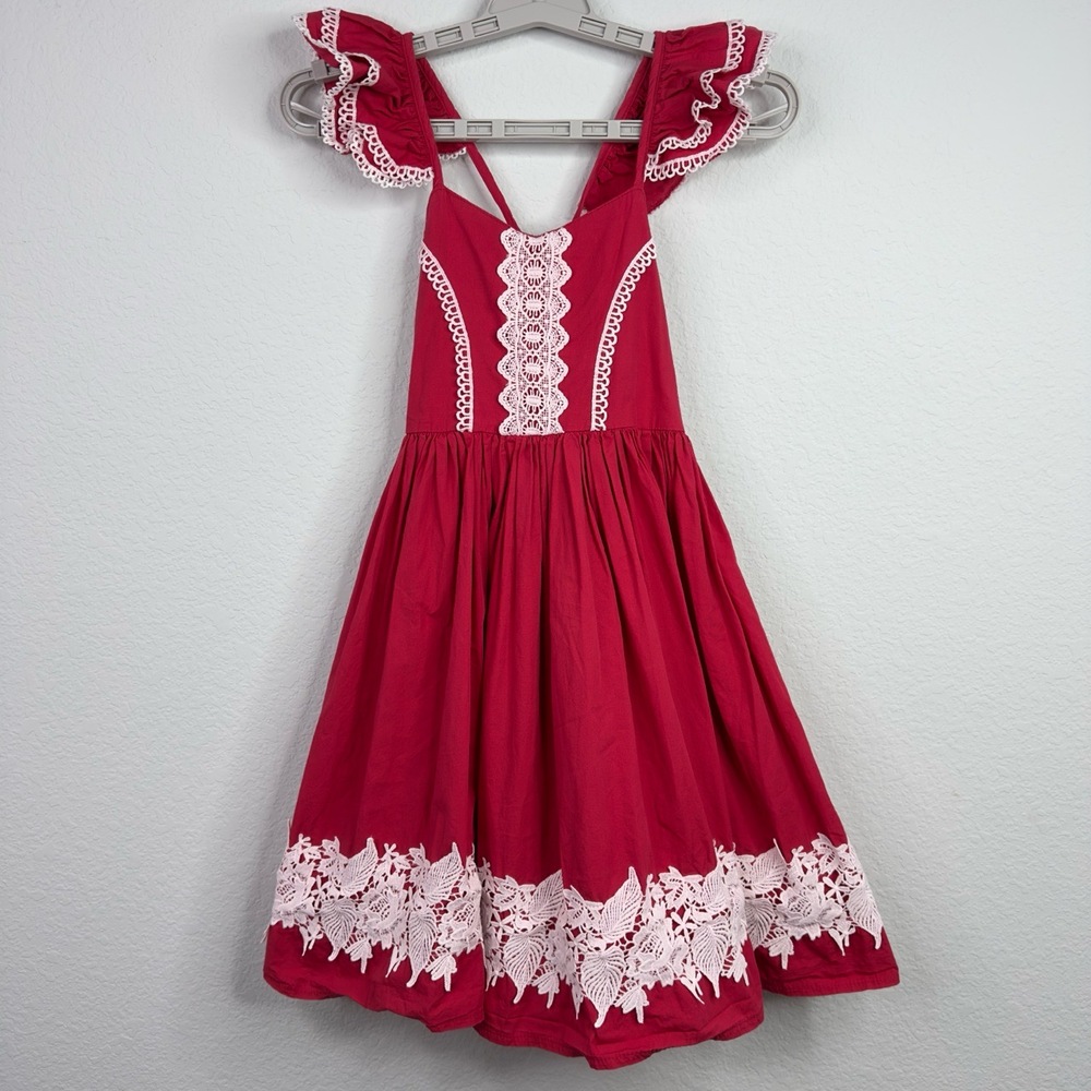 Trish Scully Dress Girls 10 Red White Lace Applique Ruffle Smocked Boho Cottage
